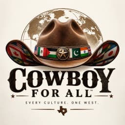 Cowboy For All original logo: a cowboy hat with world flags, globe and Texas emblem