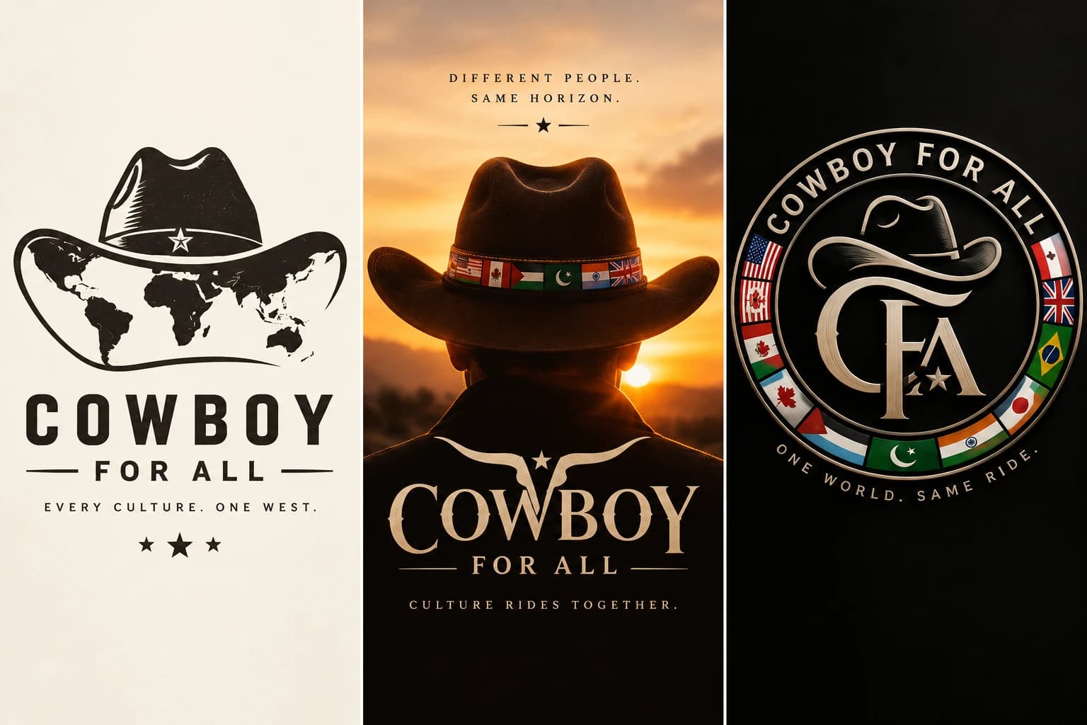 Three Cowboy For All brand concepts: world-map hat, sunset cowboy with a flag band, and circular CFA emblem