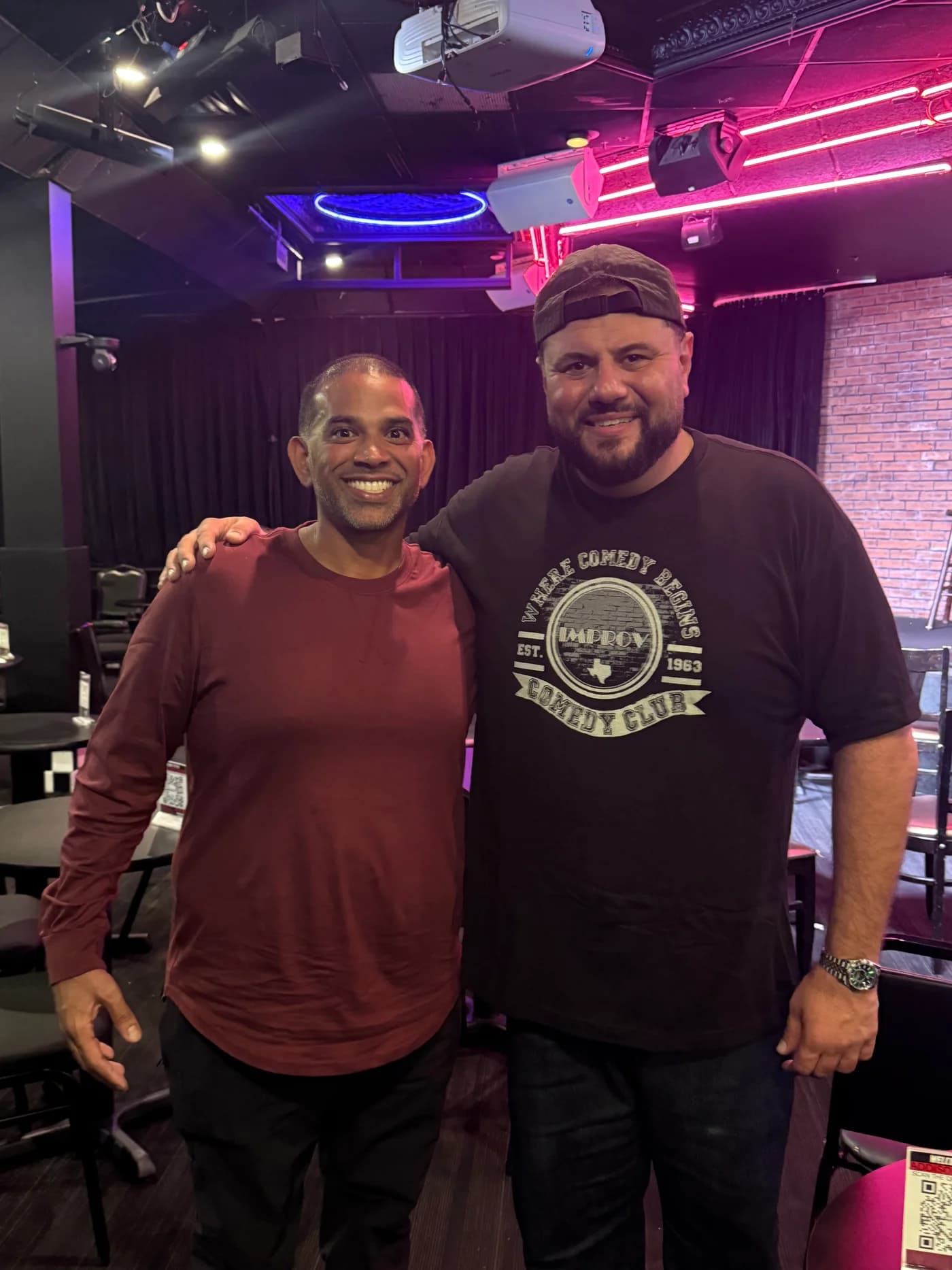 Faisal Shafiullah with Mo Amer after a Dallas comedy show, in a founder-supplied photograph