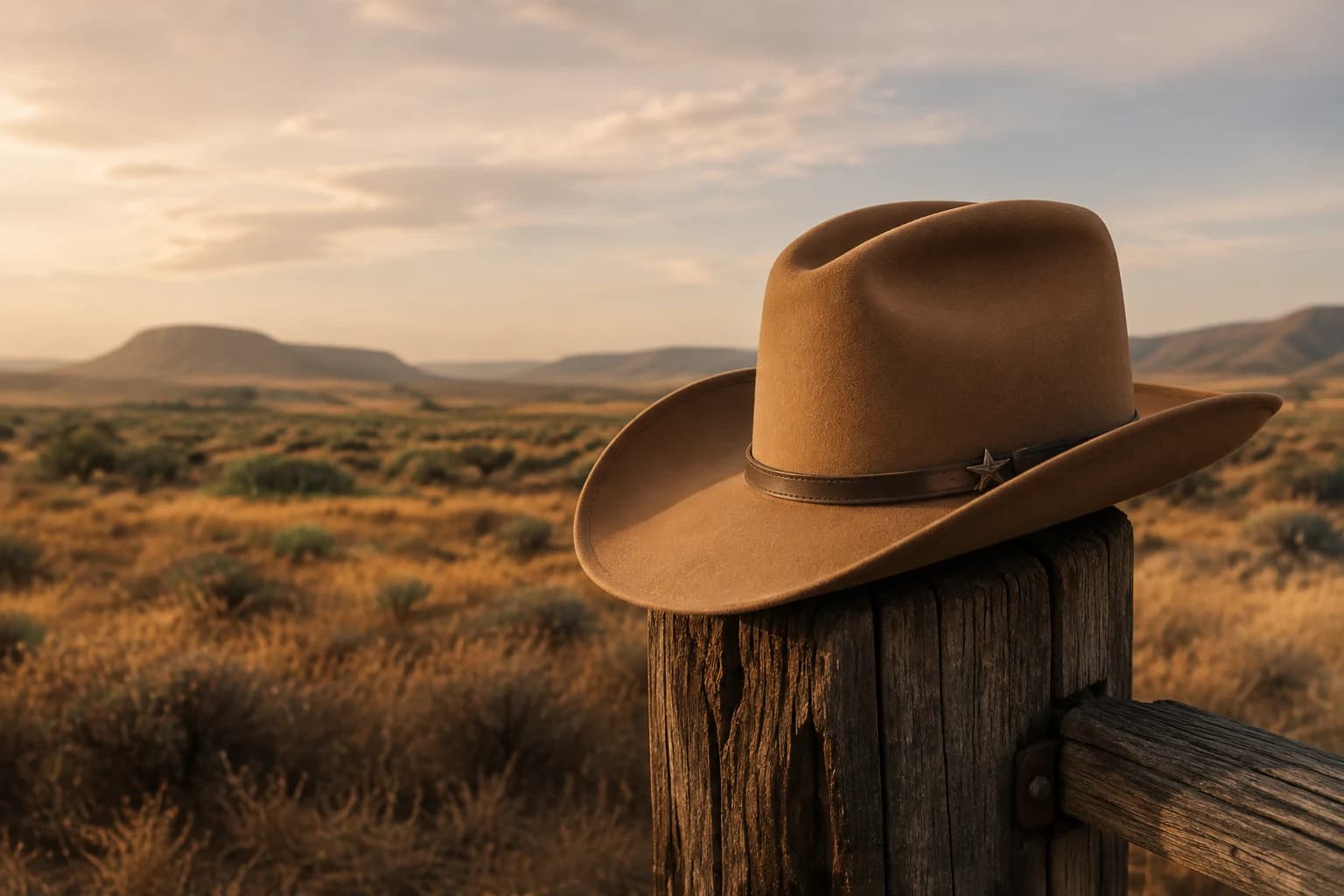 Camel cowboy hat resting on a weathered fence in open Texas ranch country